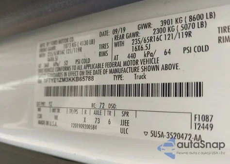 2019 Ford Transit-150 z USA, uszkodzony, nr VIN 1FTYE1ZM3KKB65788